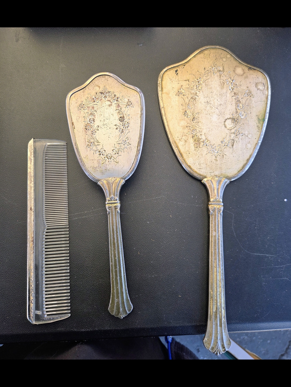 Vintage Silver Toned Hand Mirror and Brush Set - Elegant Vanity Accent
